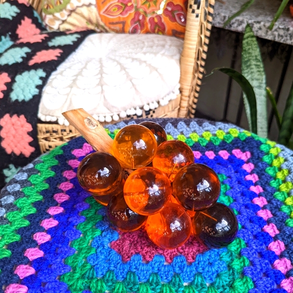 Vintage MCM 50s Lucite Grapes Amber Retro Groovy Home Decor Bunch Orange Clear
